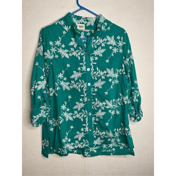 SOFT SURROUNDINGS Green‎ Embroidered Roll Tab Sleeve Tunic Linen  Blouse Sz PS - Picture 8 of 11